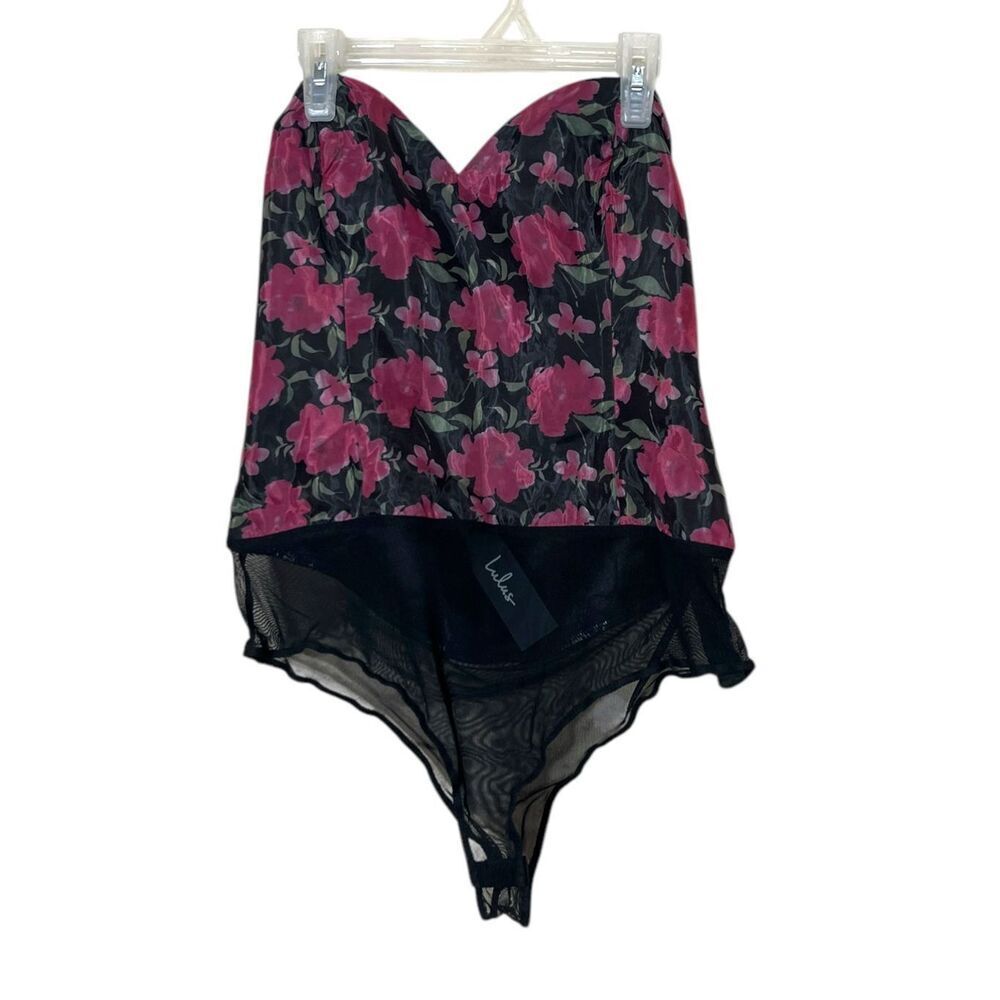 Lulus Black Floral Print Organza Strapless Bodysuit Size Large NWT